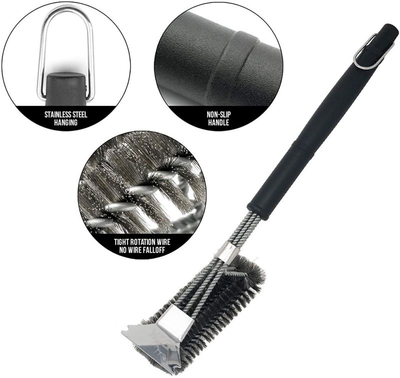 ELK Grill Brush and Scraper BBQ Brush Set, Safe 17" Stainless Steel Woven Wire 3 in 1 Bristle Grill Cleaning Brush for Weber and All Gas/Charcoal Grilling Grates - BBQ Tools and Grill Accessories