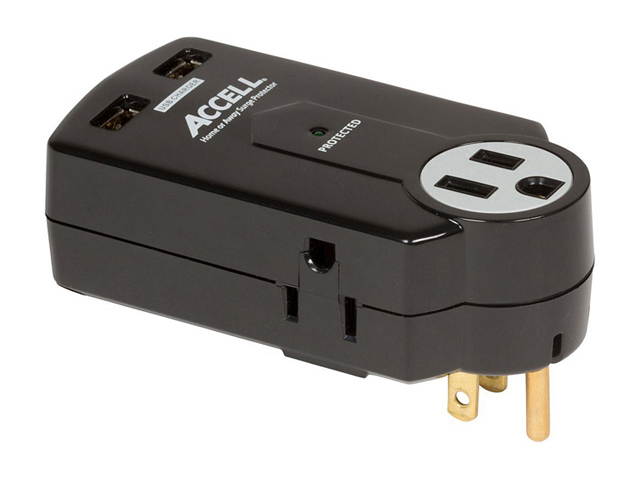 ACCELL D080B-011K Wall Mount 3 Outlets 612 Joules Travel Surge Protector with Dual USB Charging