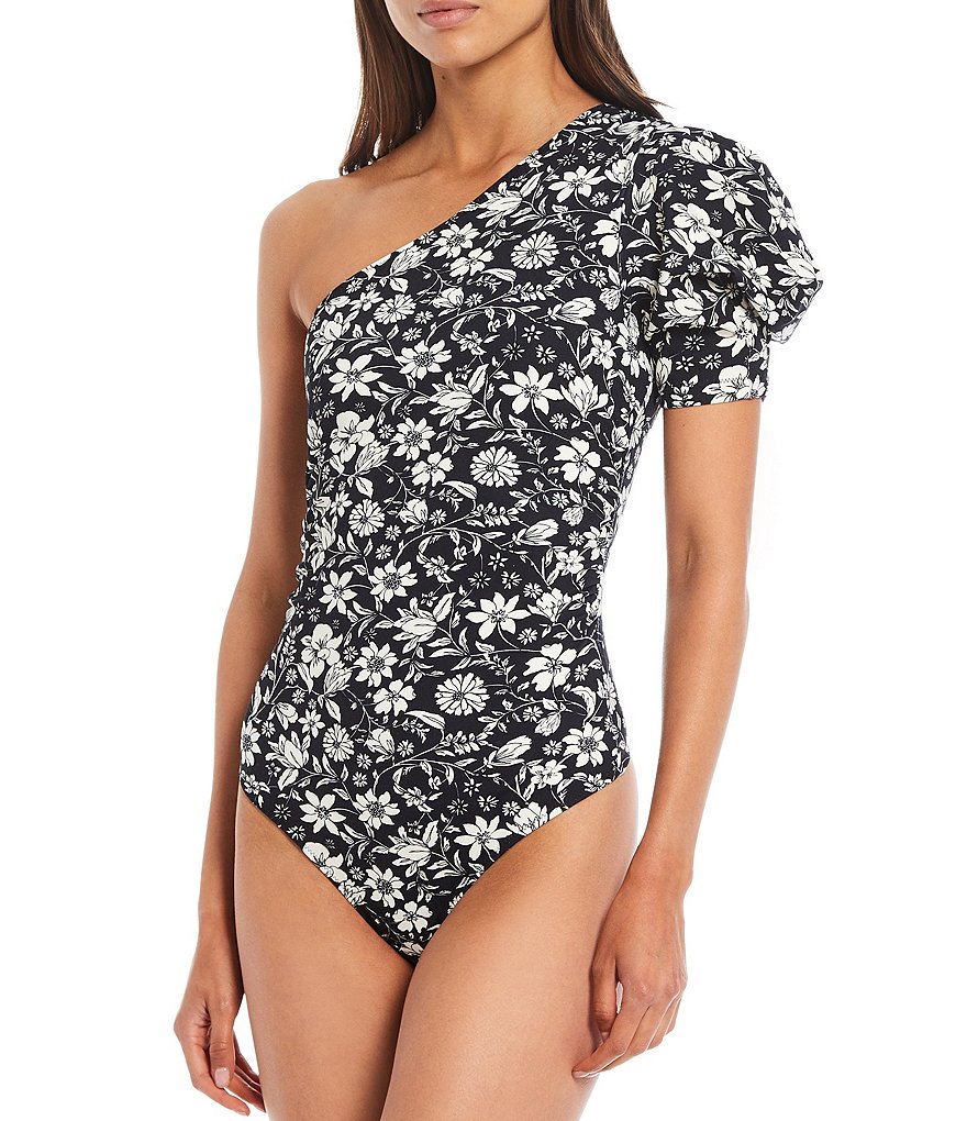 Free People Somethin Bout You Floral One Shoulder Puff Sleeve Bodysuit