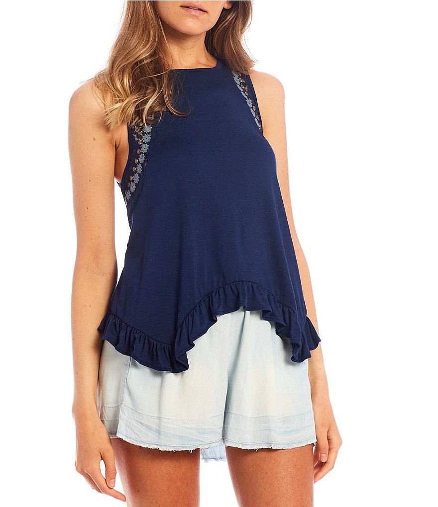 June & Hudson Floral Asymmetrical Button Front Tank Top