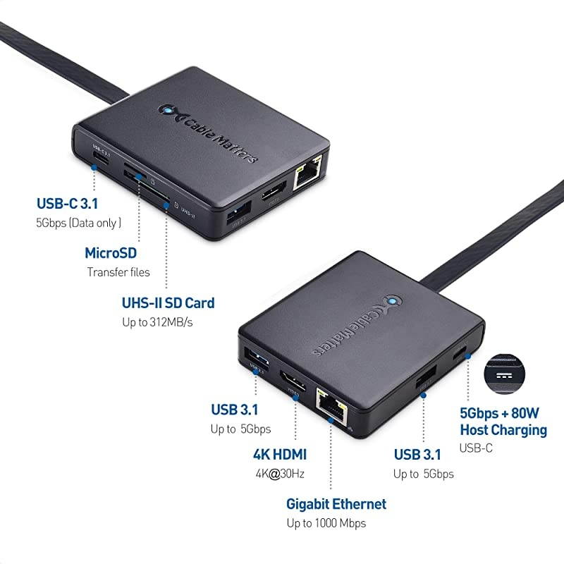 USB C Hub with 4K HDMI 80W Charging UHSII Card Reader 4X USB and Gigabit Ethernet USBC and Thunderbolt 3 Port Compatible with Suface Pro 7 MacBook Pro Dell XPS and More