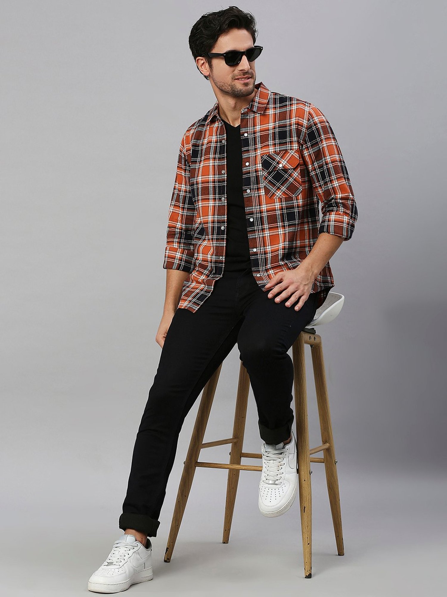 SOLEMIO Orange Slim Fit Check Cotton Shirt