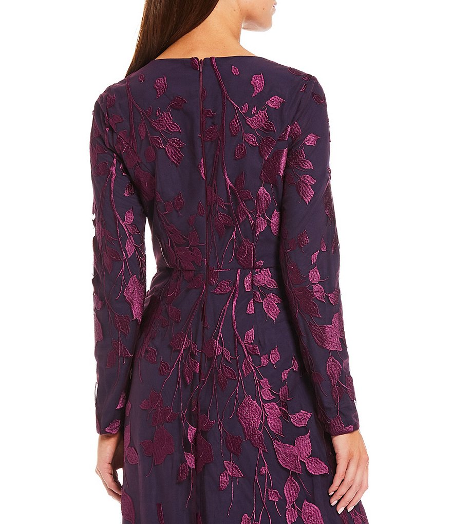 JS Collections Tersea V-Neck Floral Long Sleeve Embroidered A-Line Mesh Gown