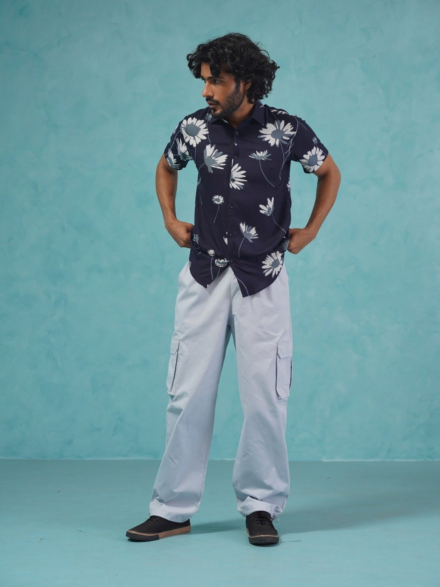 Indian Needle Navy Blue Regular Fit Printed Shirt