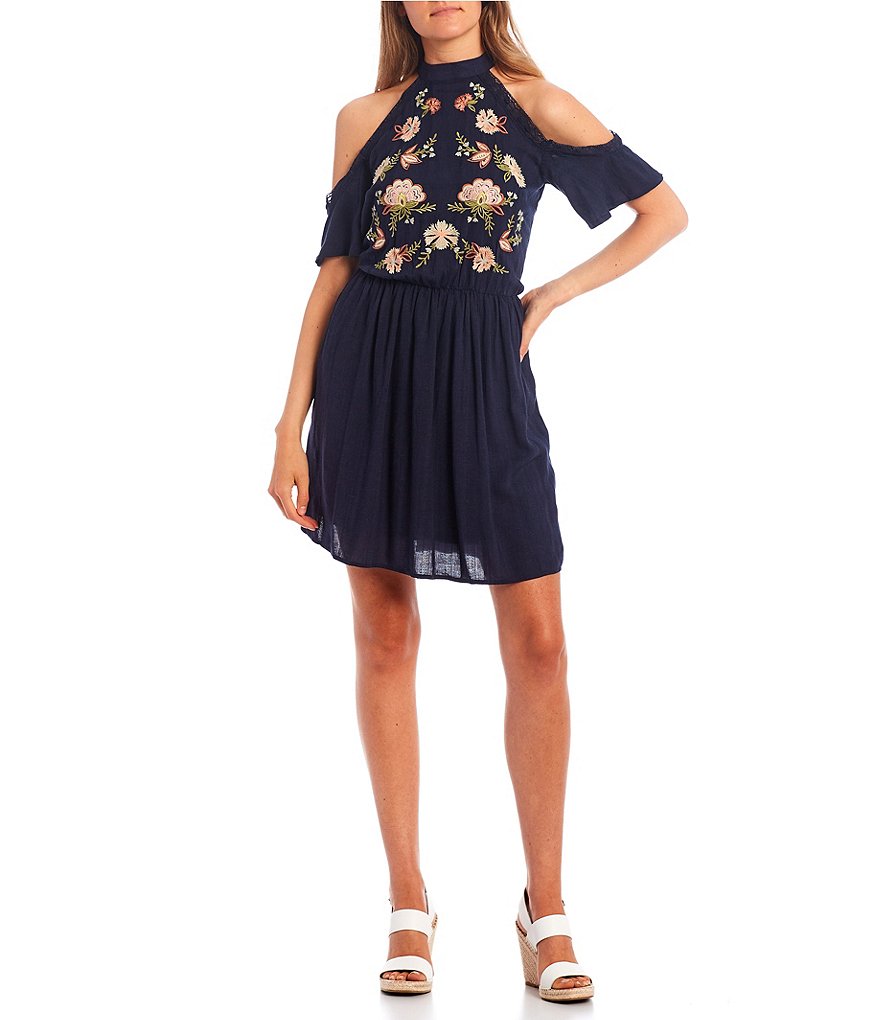 Coco + Jaimeson Cold-Shoulder Mock-Neck Embroidered Floral Print Knit Dress
