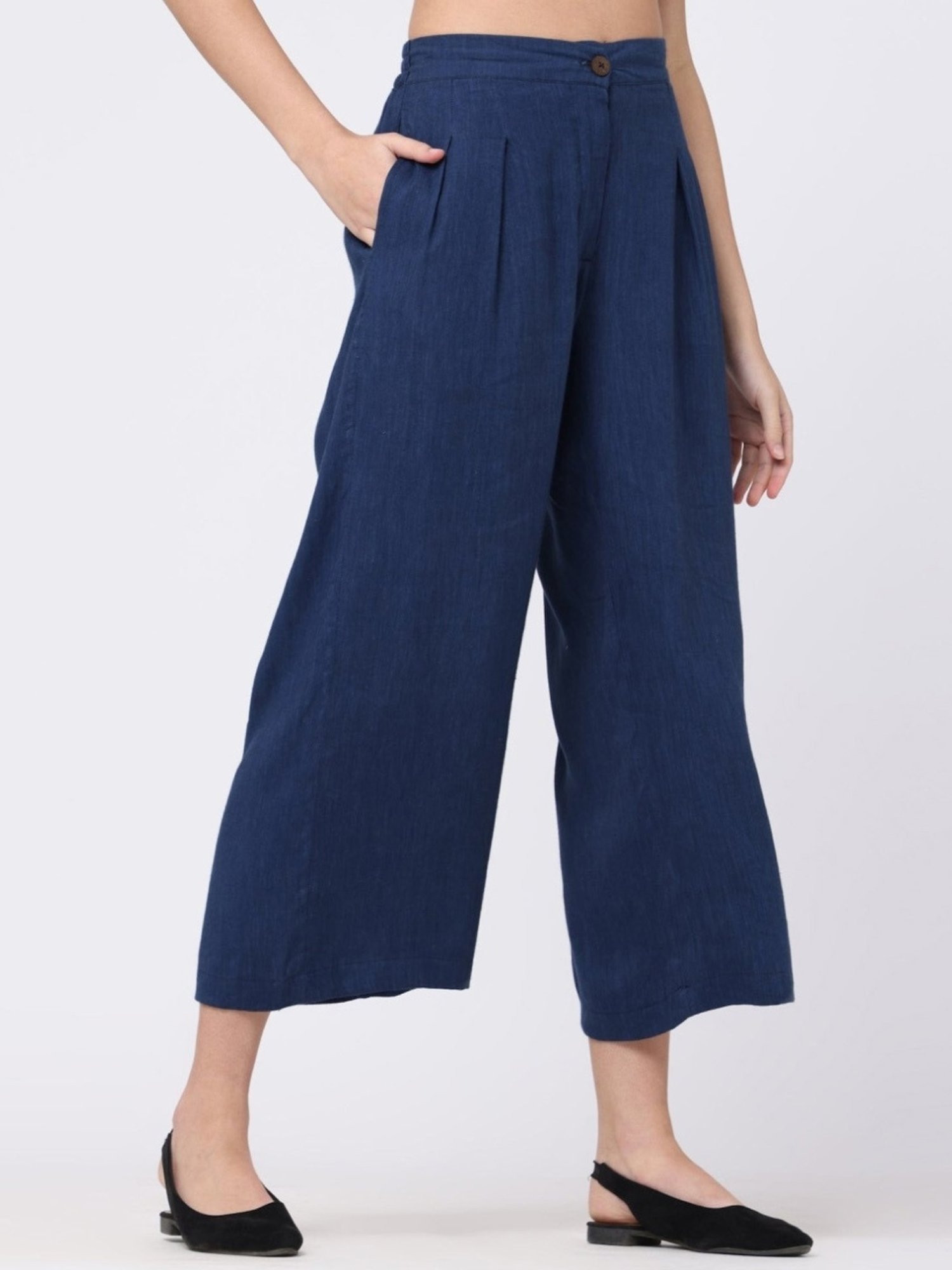 Saltpetre Elegant LInen White Shirt with Navy Blue Wide leg Trousers Co-ord Set