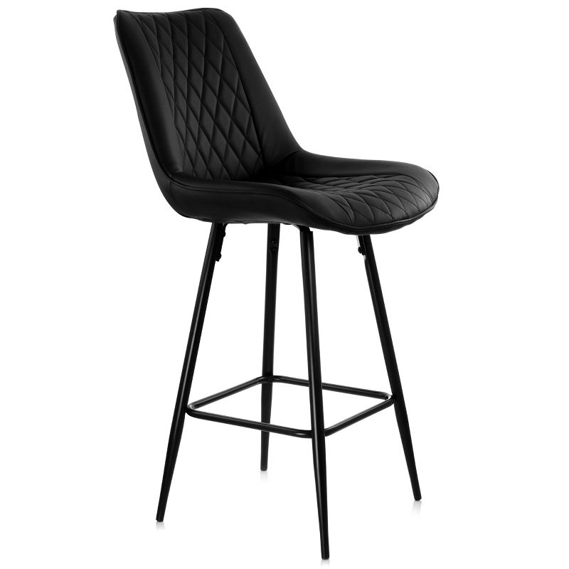 Elama 2 Piece Diamond Stitched Faux Leather Bar Chair in Black with Metal Legs