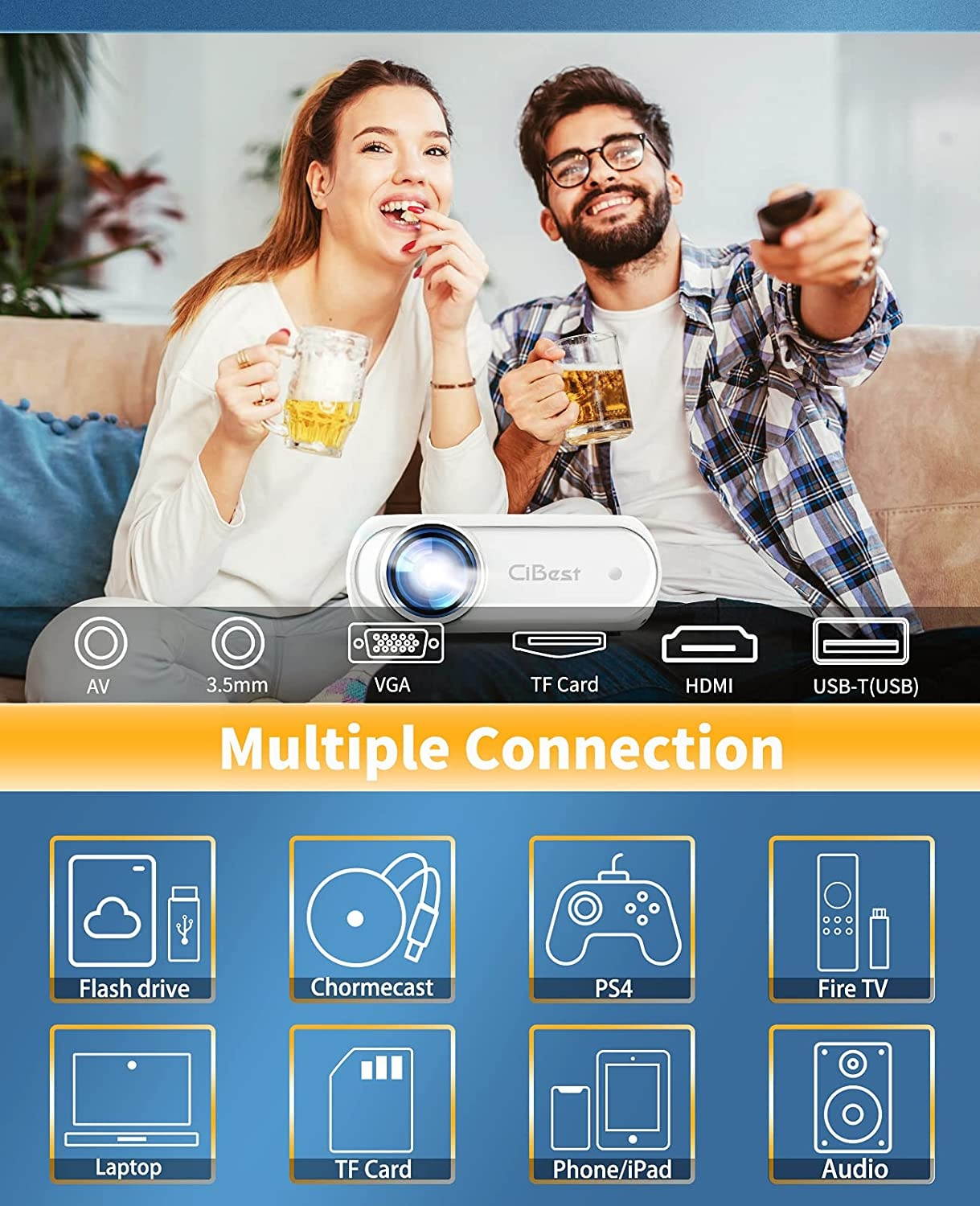 CiBest BL108 WiFi Projector Native FHD 1080P, 7500 Lumens Home Movie Projector, Compatible with iPhone, Android, TV Stick, etc. Comes with Projector Screen