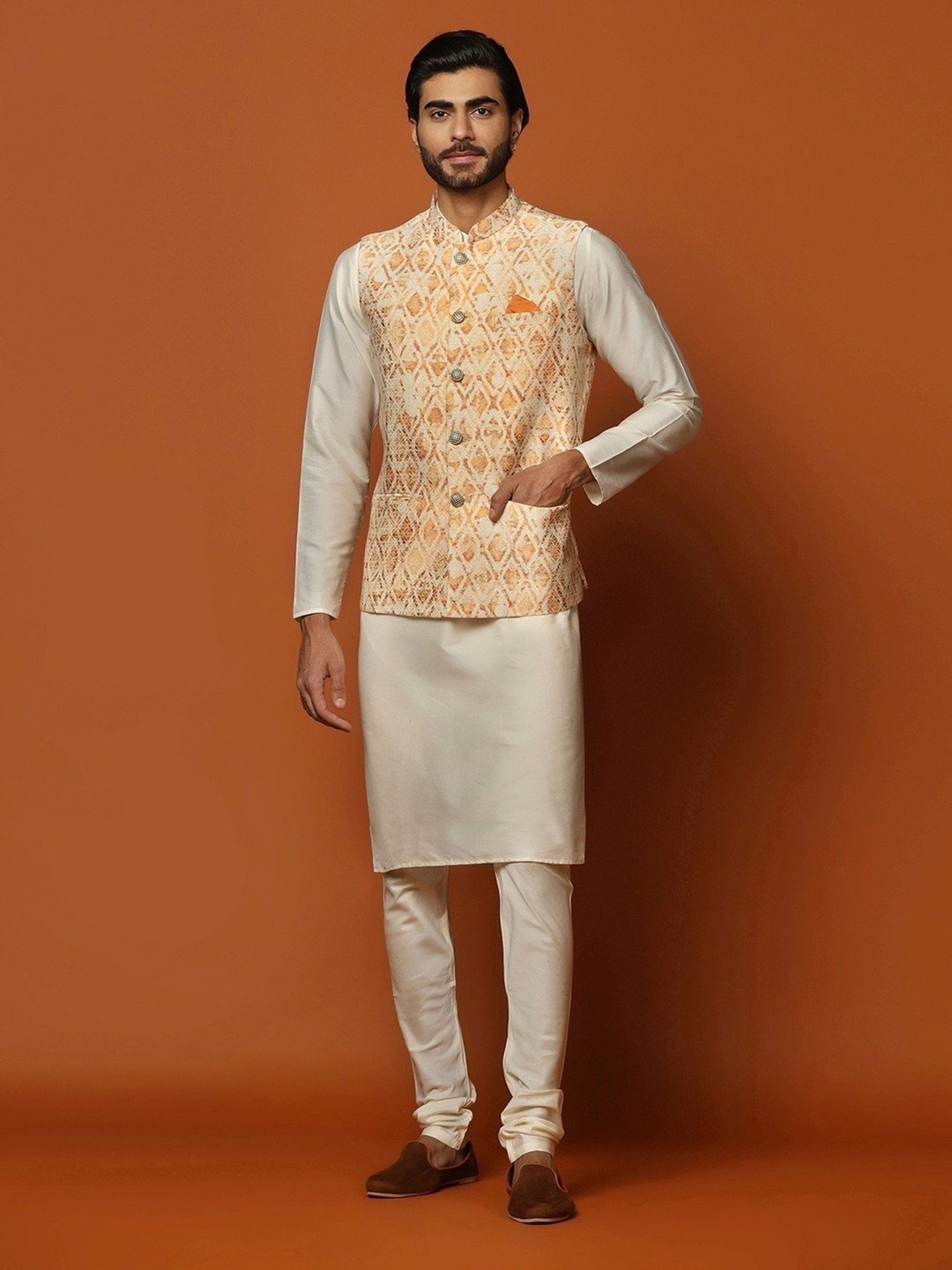 KISAH Orange Regular Fit Self Pattern Kurta Set With Jacket