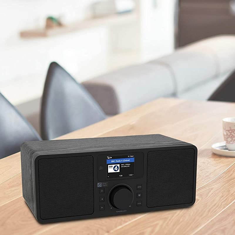 WiFi/FM Internet Radio WR230S Alarm Clock Radio with Bluetooth Receiver & Ethernet Port, Stereo Speakers, Line Out, Aux in, 20,000+ Stations, 2.4" Color Display- Black in Wooden Case