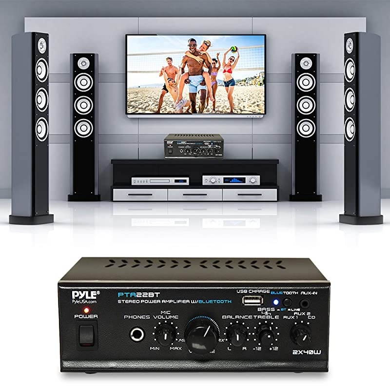 Bluetooth Mini Blue Series Home Audio Amplifier Compact Desktop Home Theater Stereo Amplifier Receiver with USB Charge Port | Pager Mixer Karaoke Modes | Mic Input 40 Watt x 2 |  PTA22BT 2X2X2