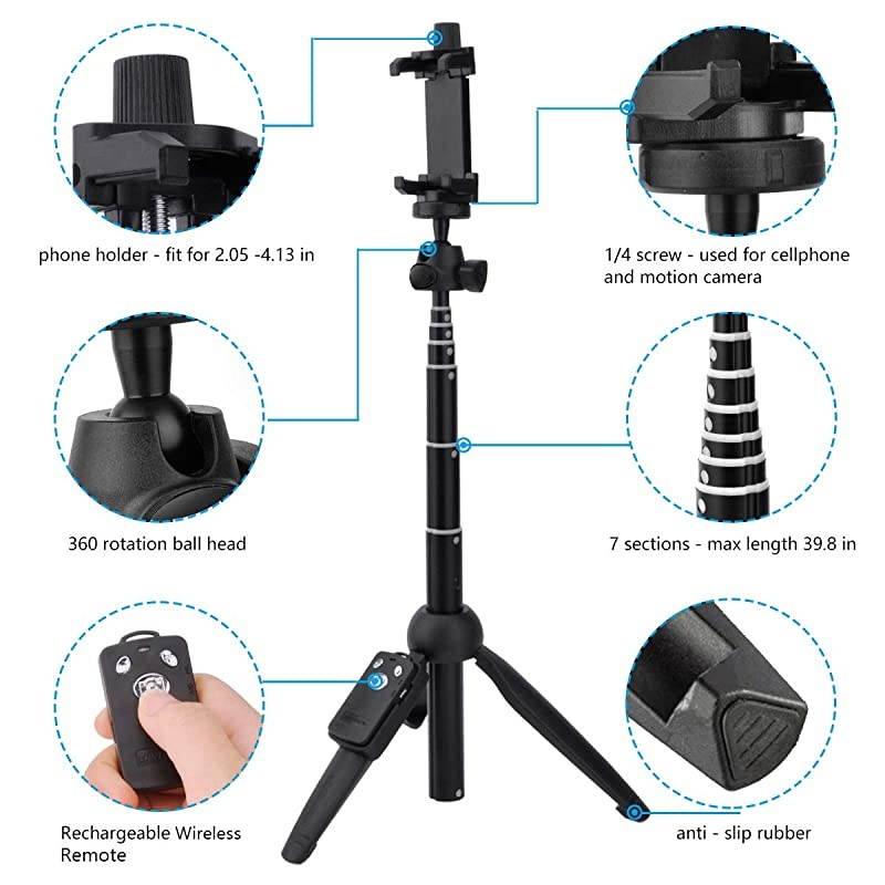 Stick40 Inch Extendable Stick Tripod and Phone Tripod Stand with Rechargeable Wireless RemoteCompatible with iPhone 11 Pro Xs X 8 7 6 PlusSamsung Galaxy S8 S9 S10GoproCamera