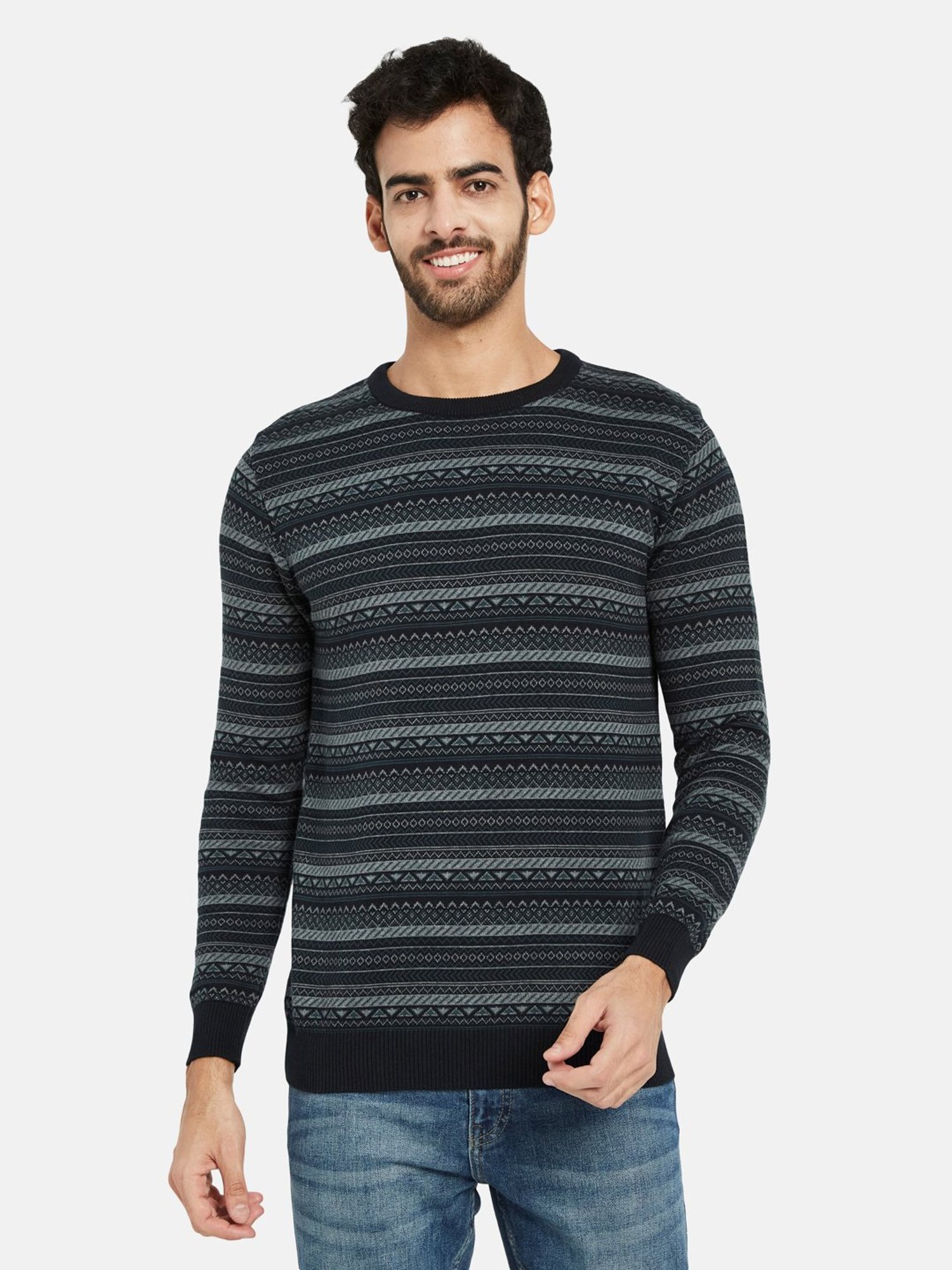 METTLE Dark Navy Regular Fit Striped Sweater