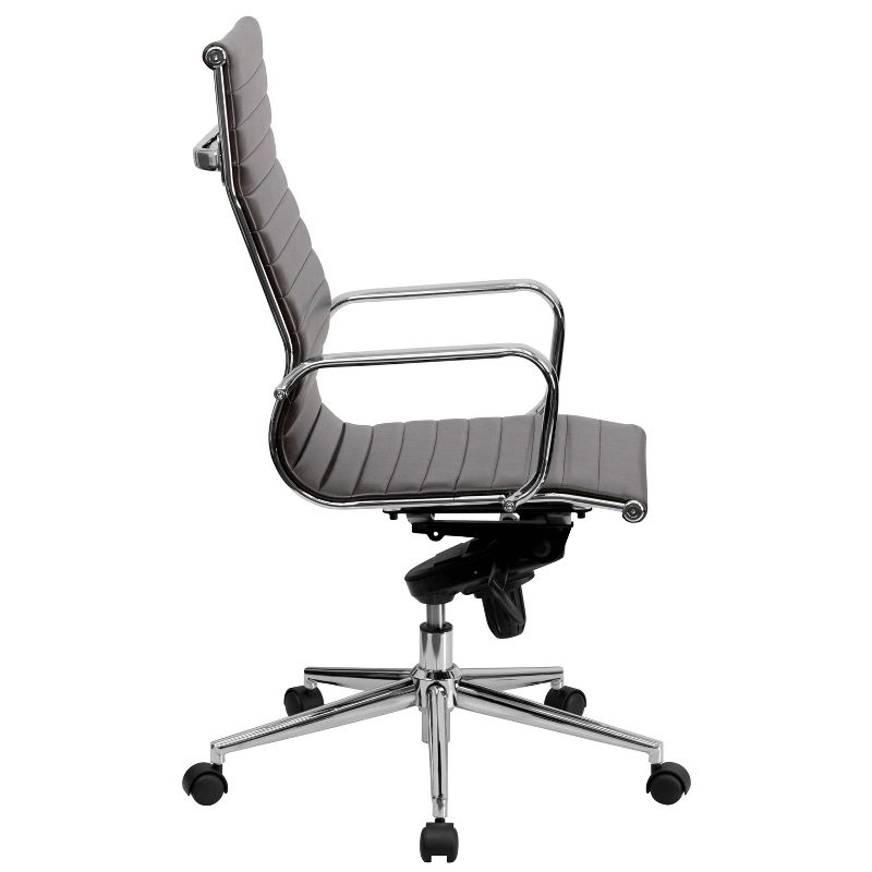 High Back Ribbed Leather Office Chair with Knee Tilt Control and Arms Brown Leather/Chrome Frame - Riverstone Furniture