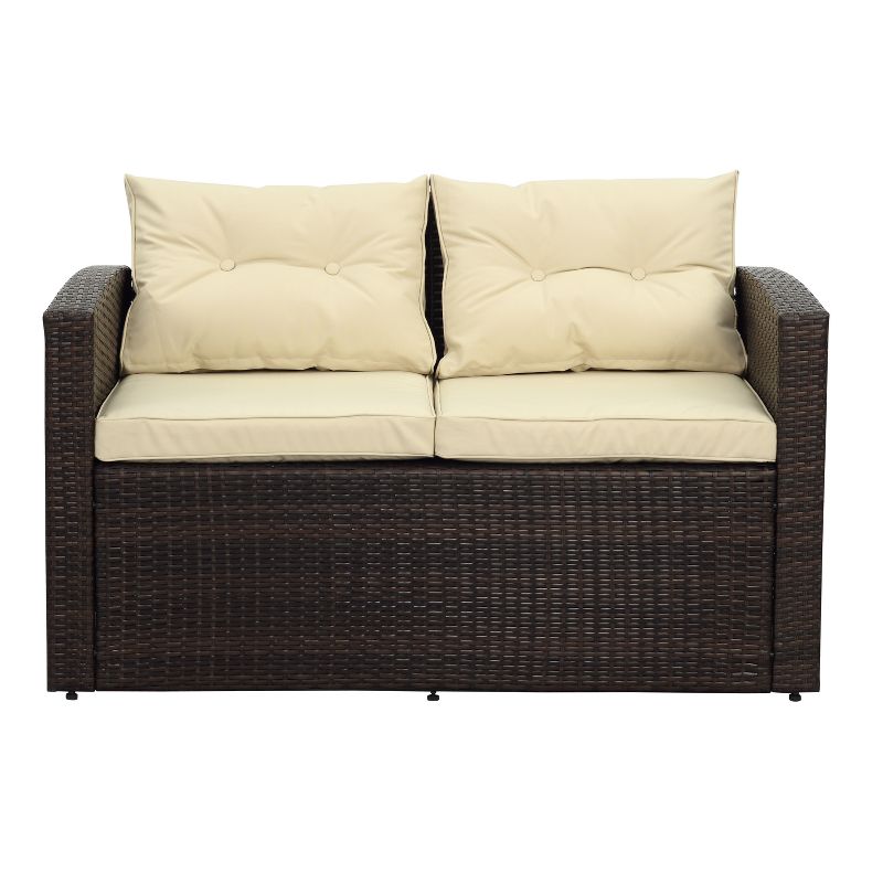 Rio 5pc All - Weather Wicker Conversation Set with Storage - Dark Brown with Beige Cushions - Thy Hom