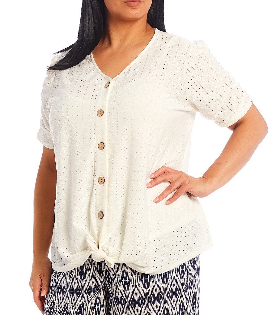 I.N. Studio Plus Size Solid Eyelet Knit V-Neck Ruched Elbow Short Sleeve Button Down Tie-Front Top