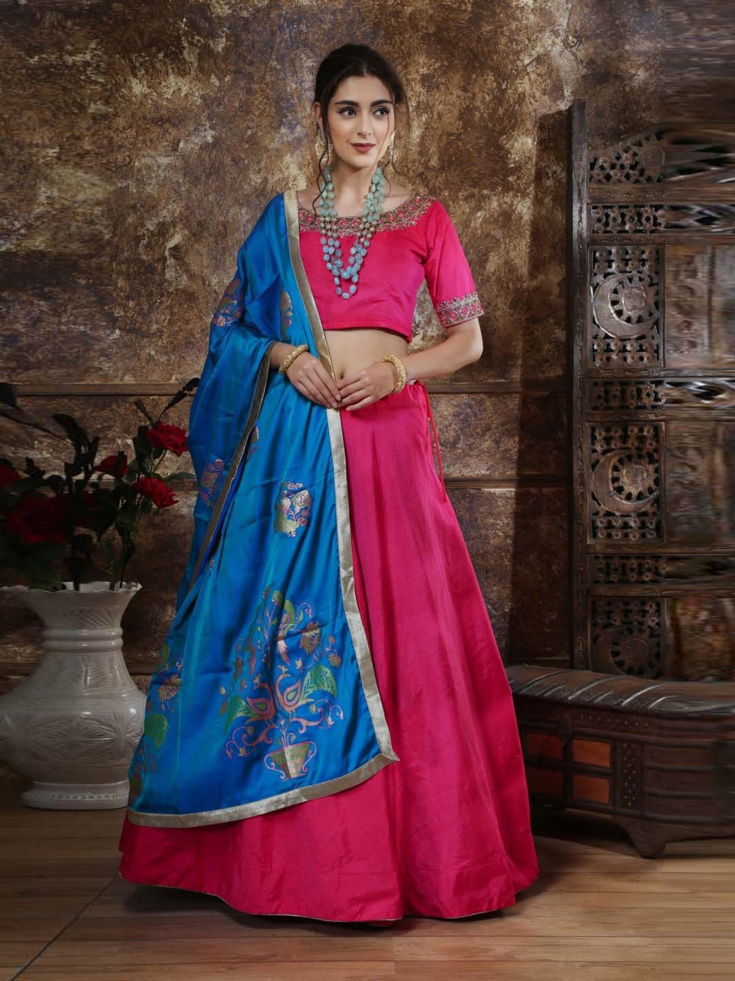 SHUBHKALA Pink & Blue Lehenga Choli Set With Dupatta