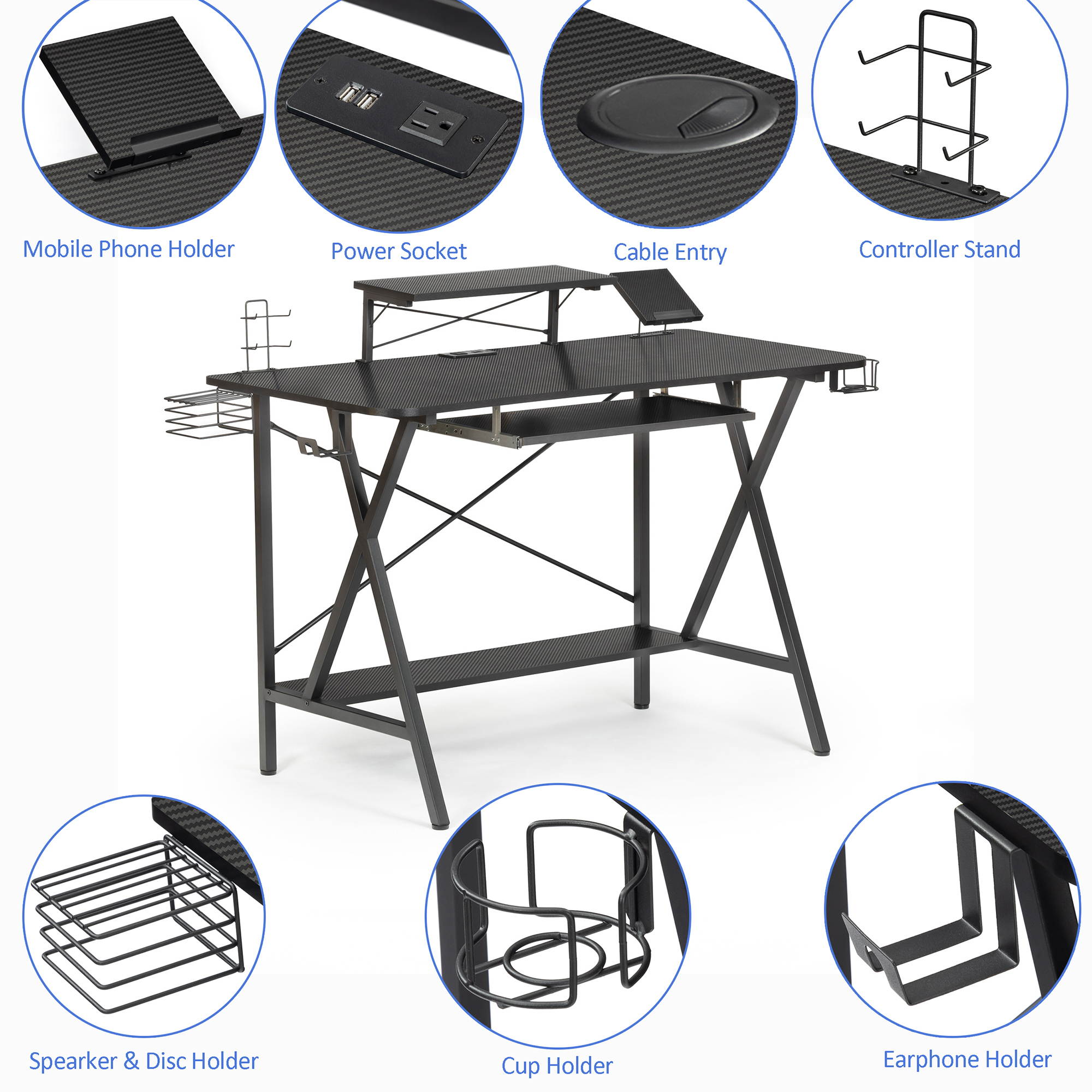 47" Gaming Desk, SEGMART PC Computer Desk, Home Office Desk with Cup Holder & Headphone Hook, PC E-Sports Gaming Workstation Gamer Tables Writing Table with PC Stand Shelf Keyboard Stand, Black, R029