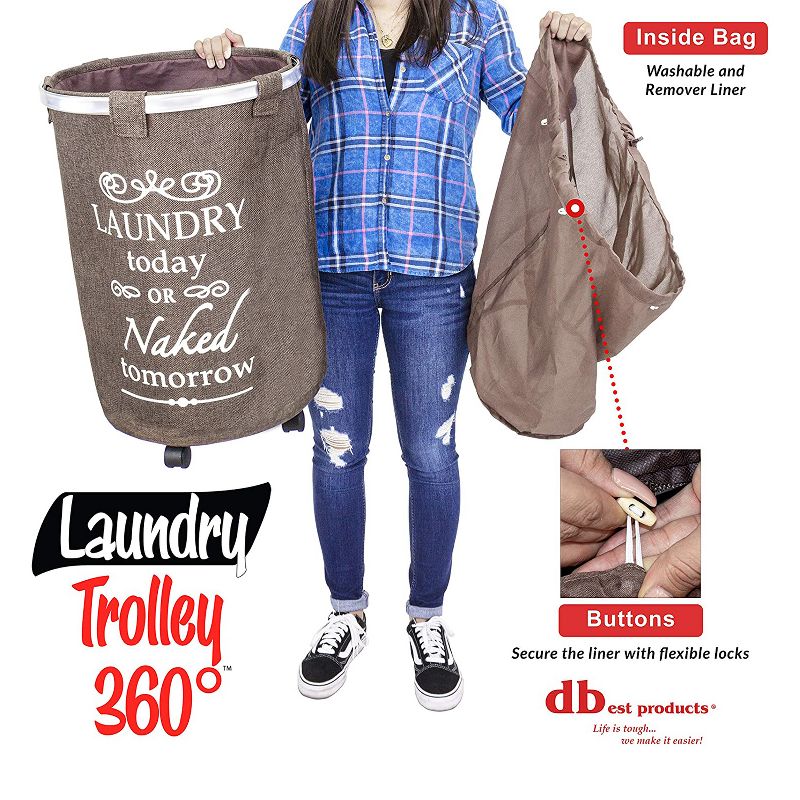 dbest products Swivel Clothes Hamper Laundry Organizer Trolley Dolly Utility Cart with Removable Washable Liner, Brown