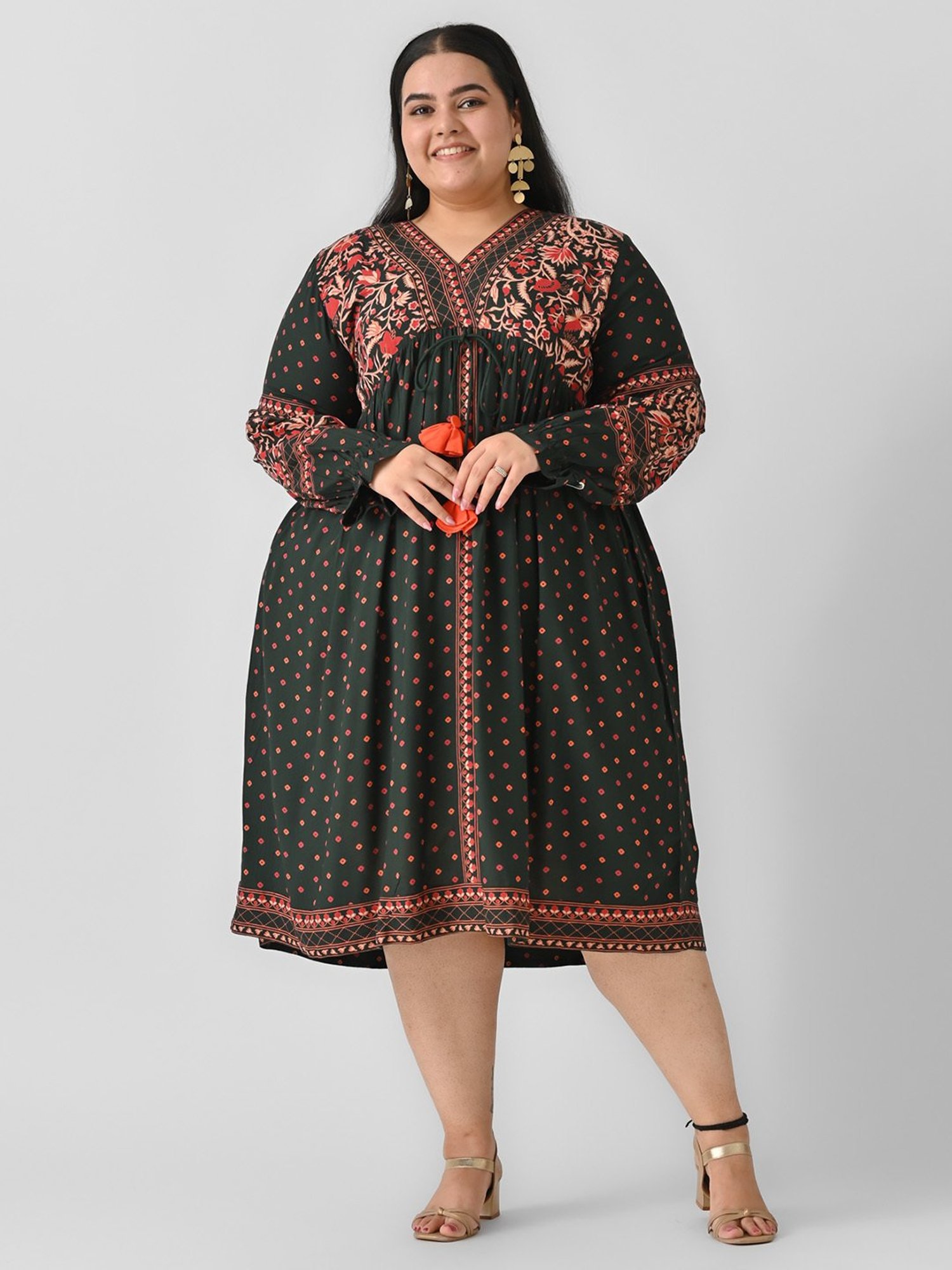 Rustorange Green Printed Ethnic Dress
