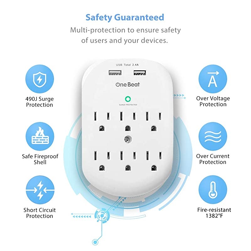 Surge Protector Wall Outlet Extender Multi Plug Outlet Wall Adapter with 2 USB Charging Ports 24 A 490 Joules ETL Listed for Home School Office White