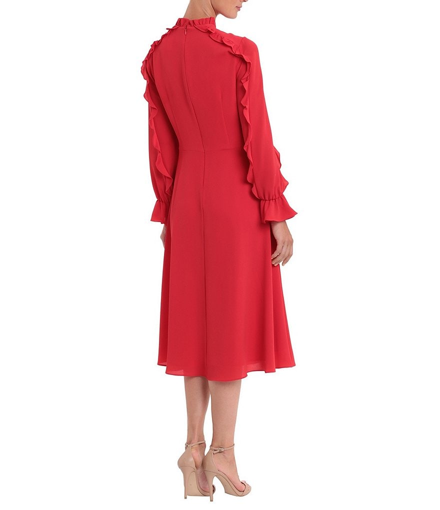 Donna Morgan Mock Neck Ruffle Long Sleeve Catalina Crepe Midi Dress