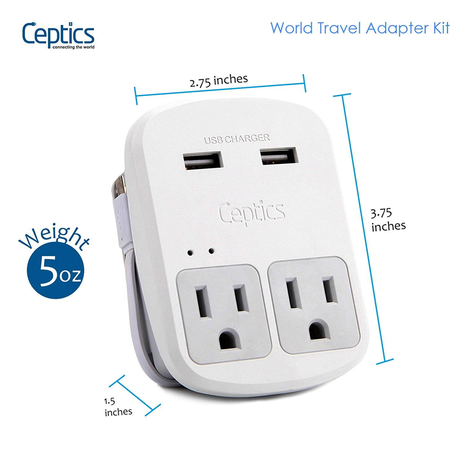 International Plug Adapter Kit, Ceptics World Safest Grounded 13 Adaptor Set Dual USB Ports - Travel Anywhere - Business Use - Perfect for Laptops, Cell Phones, Charger - Surge Protection (WPS-2B-All)