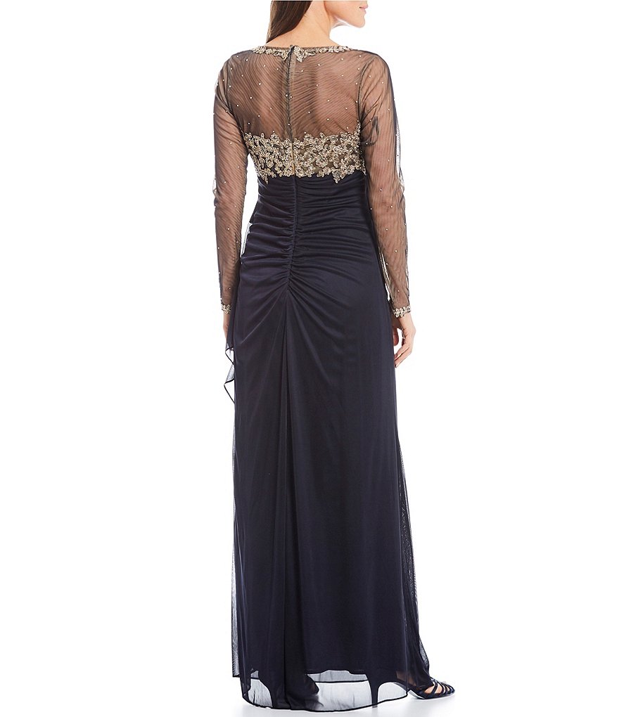 Xscape Long Sleeve Round Neck Gold Embroidered Ruched Gown