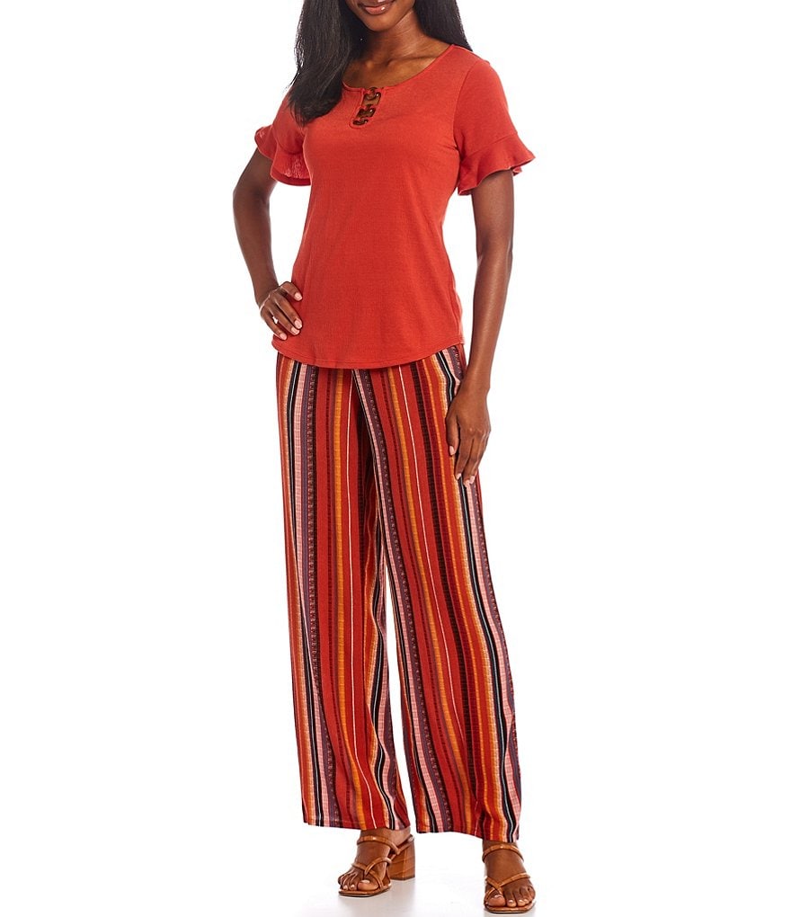 I.N. Studio Solid Pucker Knit Lattice Ring Detail Scoop Neck Flounce Cuff Short Sleeve Top