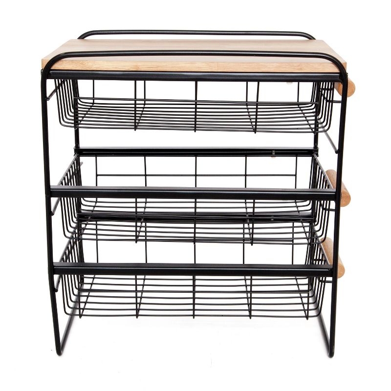 Origami Wood Top Steel Kitchen Organizer 3 Tier Basket Sliding Drawer, Black
