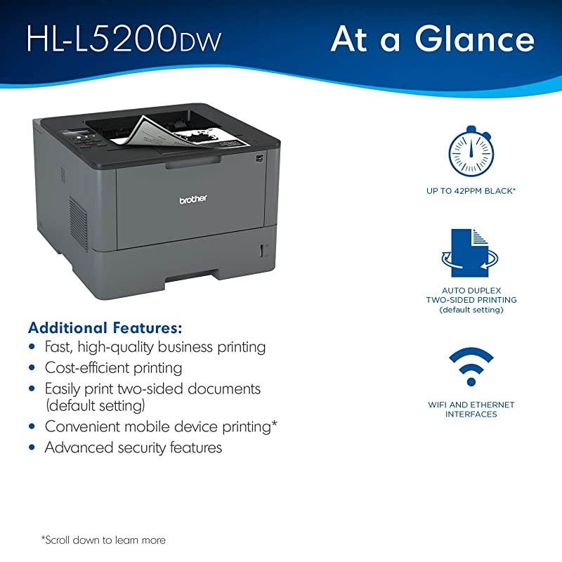 Monochrome Laser Printer, HL-L5200DW, Wireless Networking, Mobile Printing, Duplex Printing,  Dash Replenishment Ready