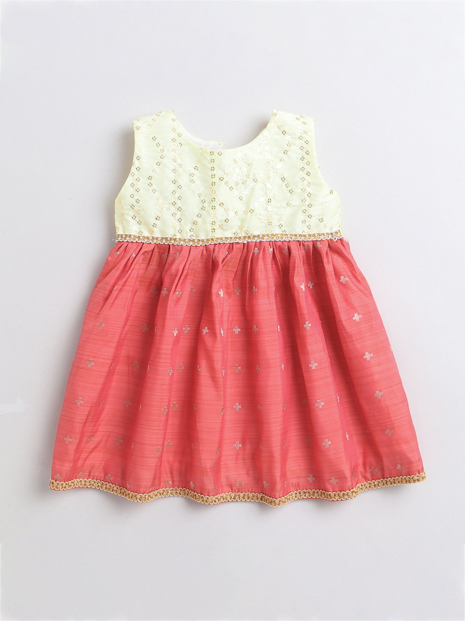 Many Frocks Kids Cream & Peach Embellished Dress