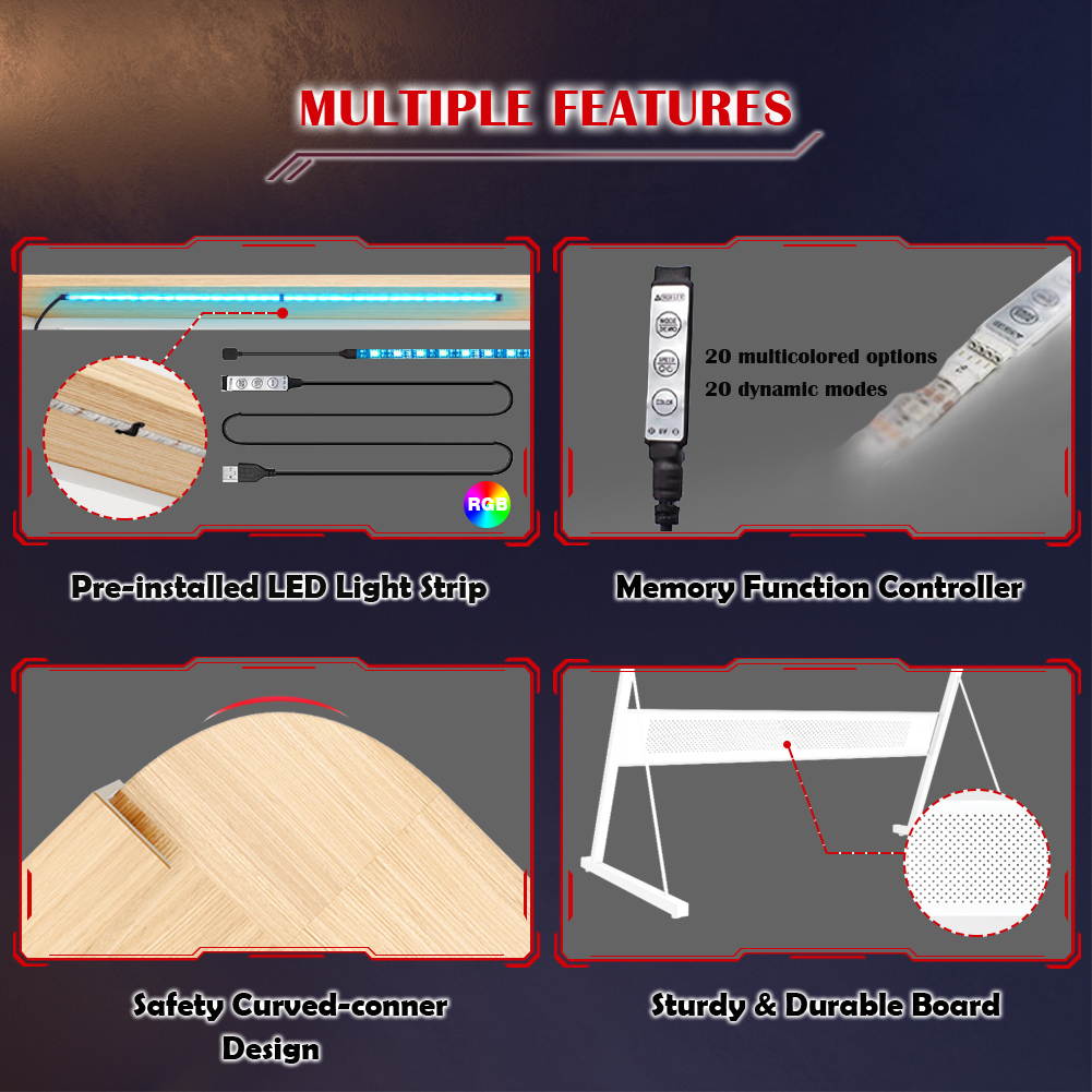 Bestier 55.2" Gaming Desk Racing Style PC Computer Desk L-Shaped Desk Corner Home Office Table with Ergonomic Monitor Stand & RGB Strip Light & Multifunctional Hook (Black Carbon Fiber)