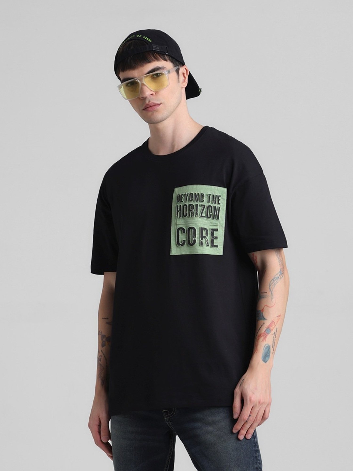 Jack & Jones Jet Black Cotton Boxy Fit Printed T-Shirt