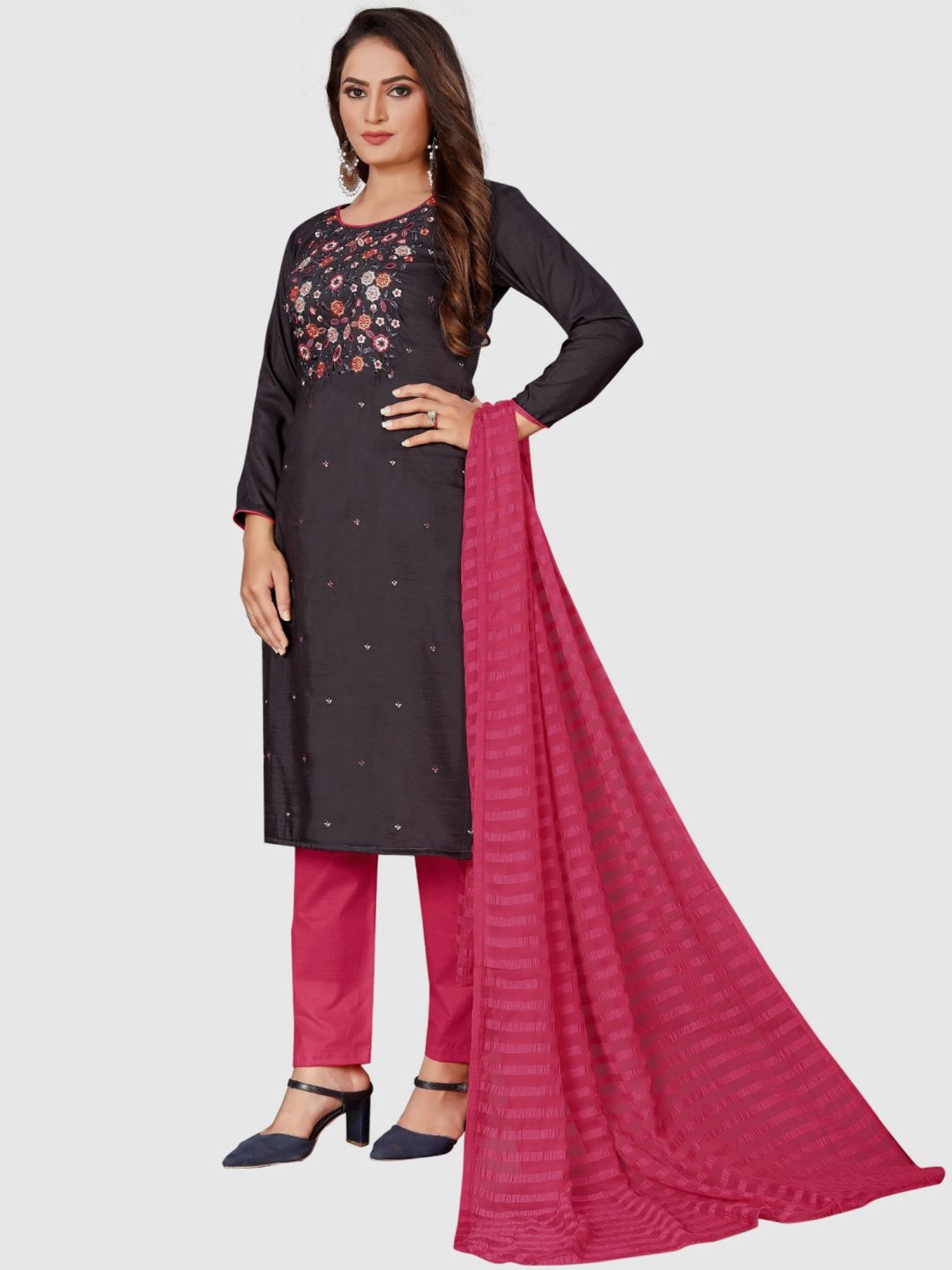 APNISHA Black Cotton Embroidered Unstitched Dress Material