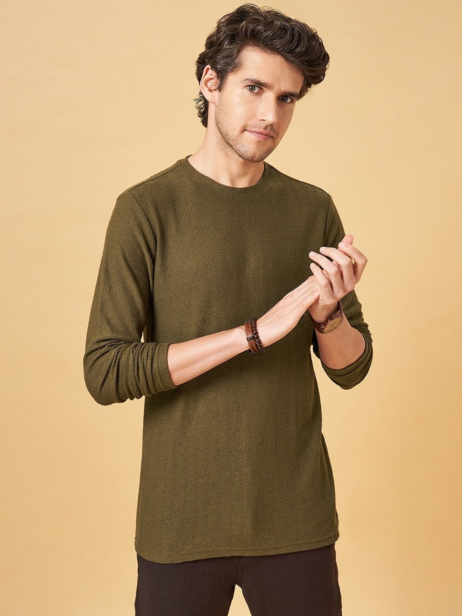 7 Alt by Pantaloons Sage Green Slim Fit T-Shirt