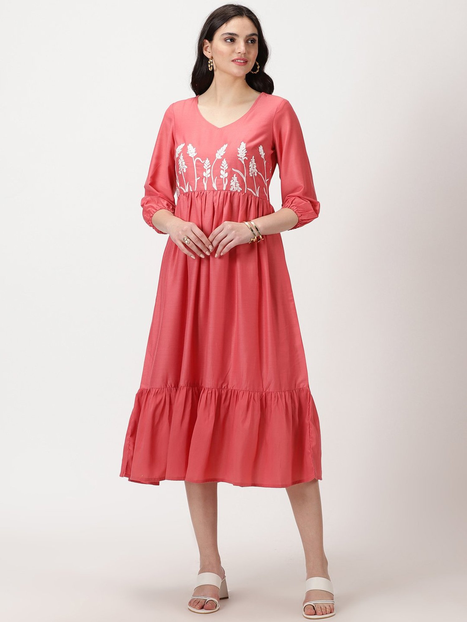 Saffron Threads Rose Pink Embroidered Midi Dress