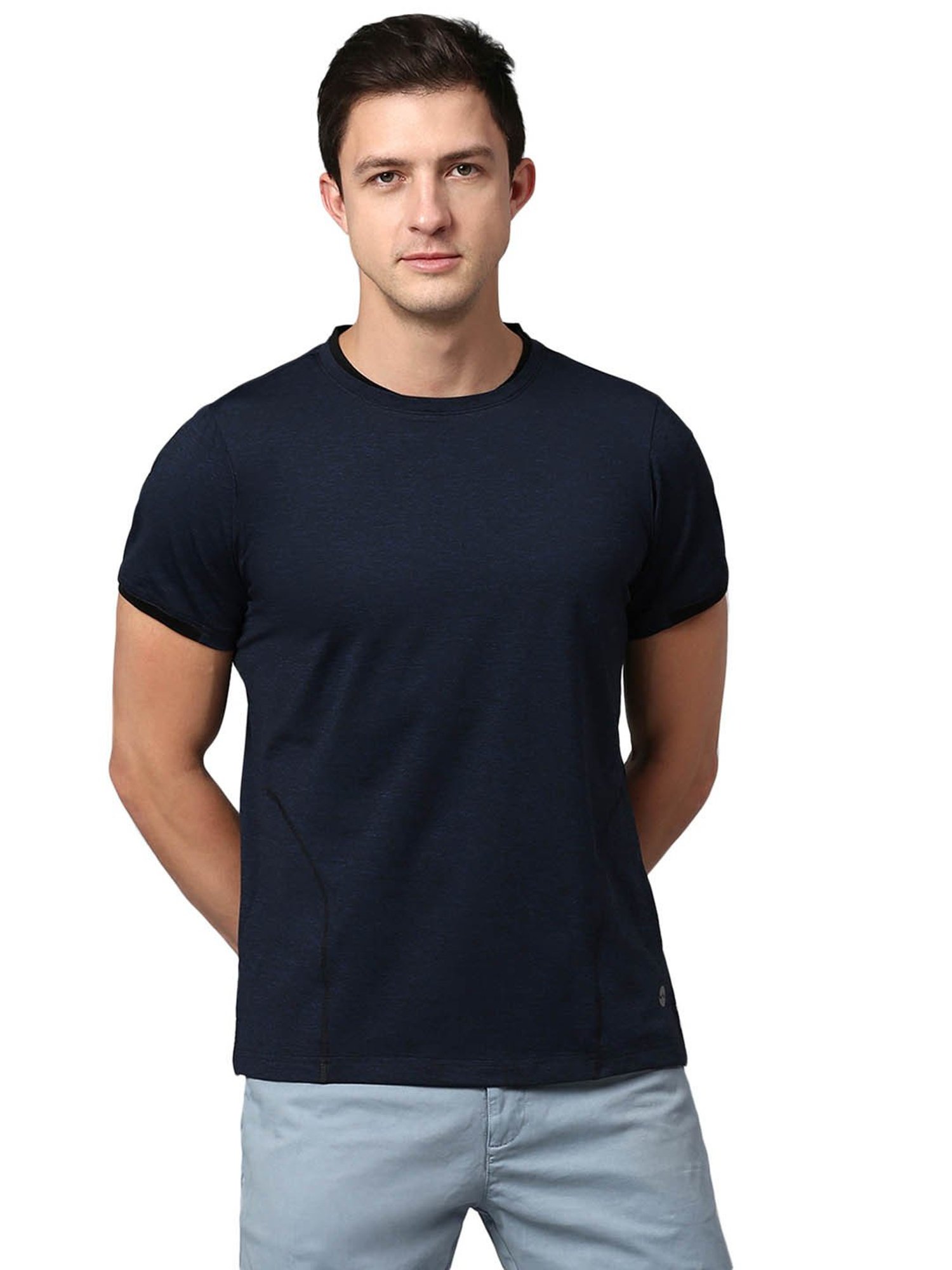 Slowave Navy Regular Fit Self Design T-Shirt