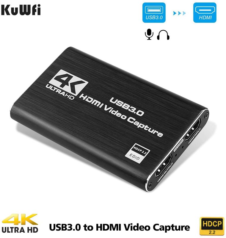 KuWFi 4K/30Hz Input 1080P Output HDMI Capture Card USB3.0 Driver-Free Game Broadcaster Microphone HD Video 1080P Recording Box