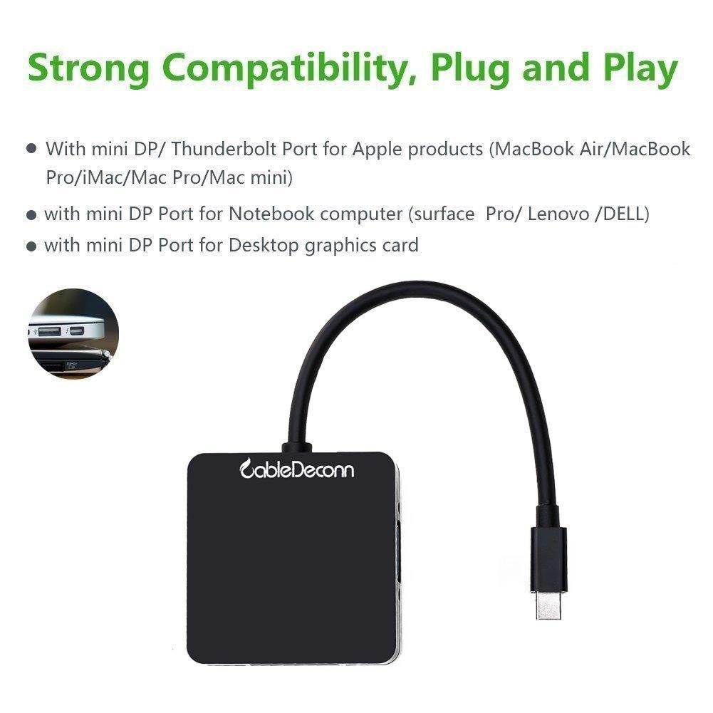 CableDeconn Mini Display Port DP (Thunderbolt Port Compatible) to DVI VGA HDMI TV AV HDTV Adapter cable 3 in1 for Mac Book