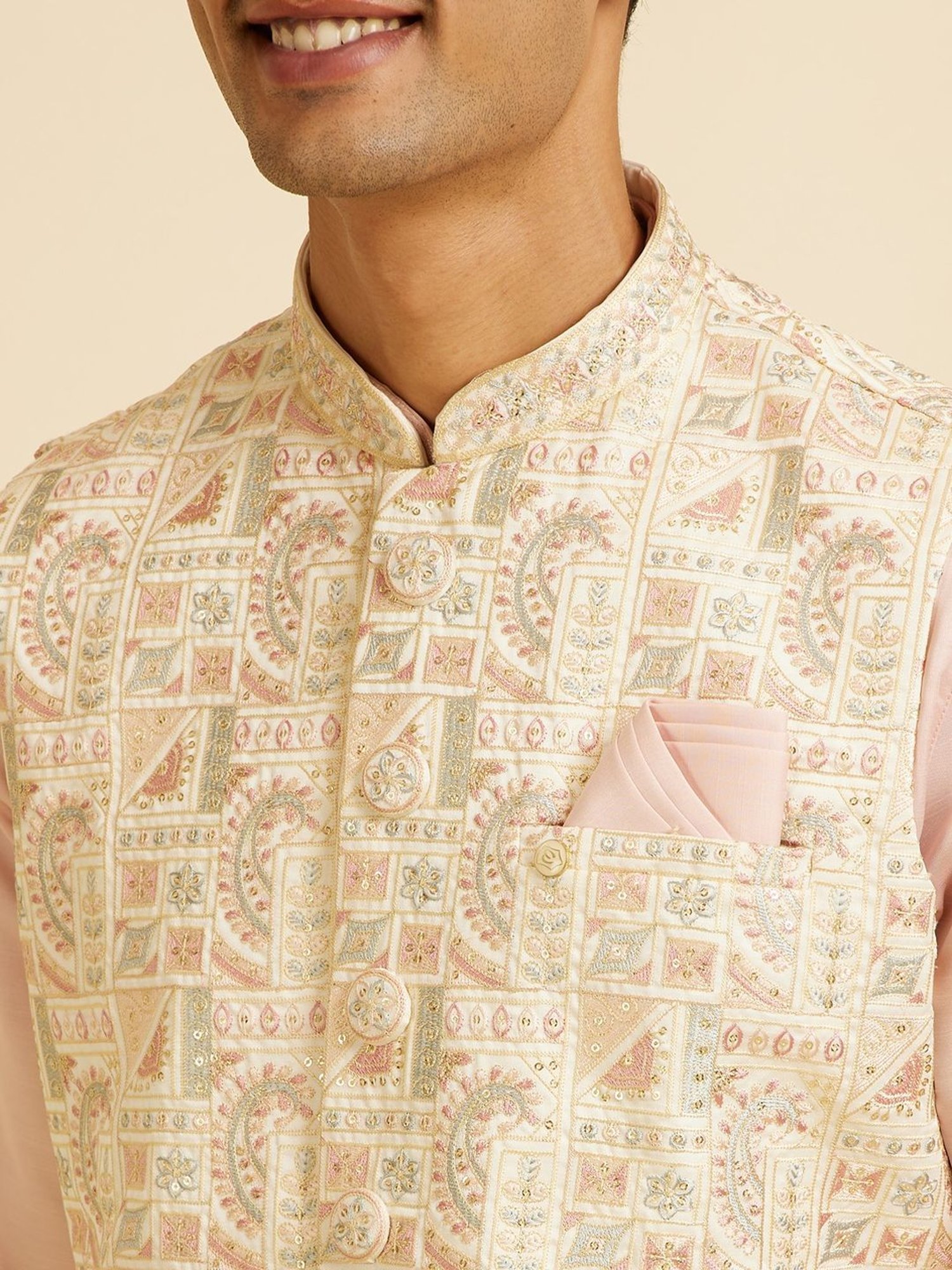 Manyavar Cream Satin Regular Fit Printed Nehru Jacket