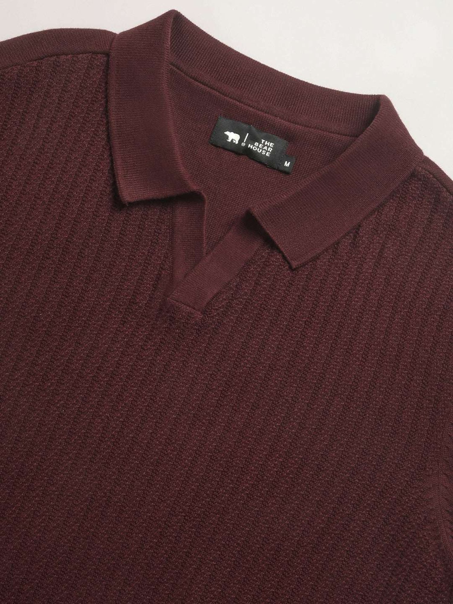 The Bear House Maroon Cotton Regular Fit Self Pattern Polo T-Shirt