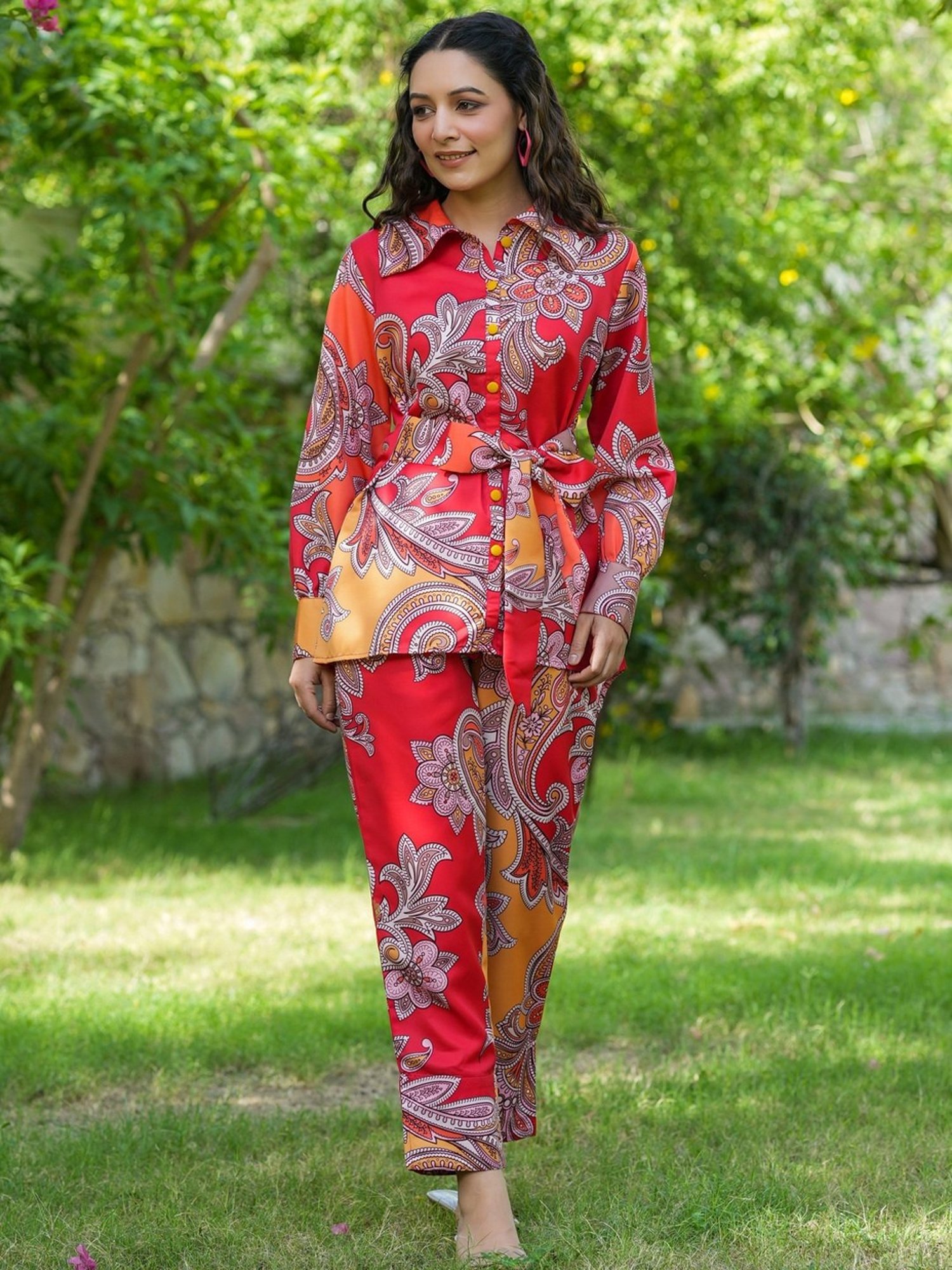 Yufta Red Printed Shirt Pant Set