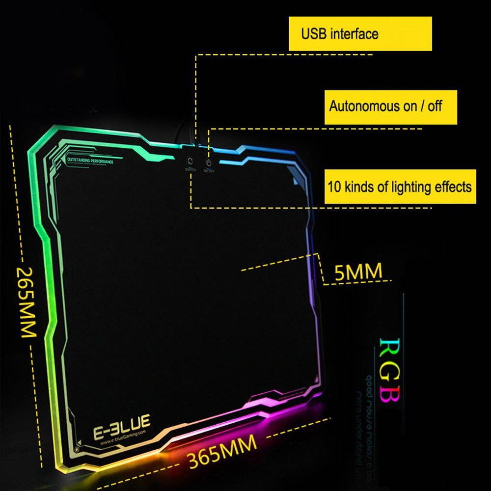 E-3LUE flashy LED Lighting Hard Gaming Mouse Pad mat,multi-colored Backlight effect with autonomous on/off,365 x 265 x 5 mm ( 14.4"x10.5"x0.2" )