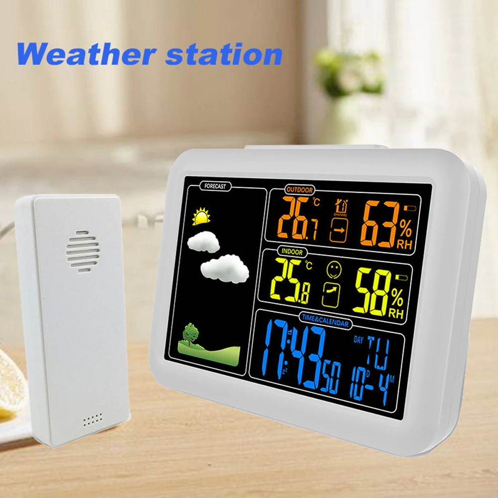 Digital Alarm Clock Weather Forecast Station Indoor Outdoor Temperature and Humidity Meter with 5min Snooze Function