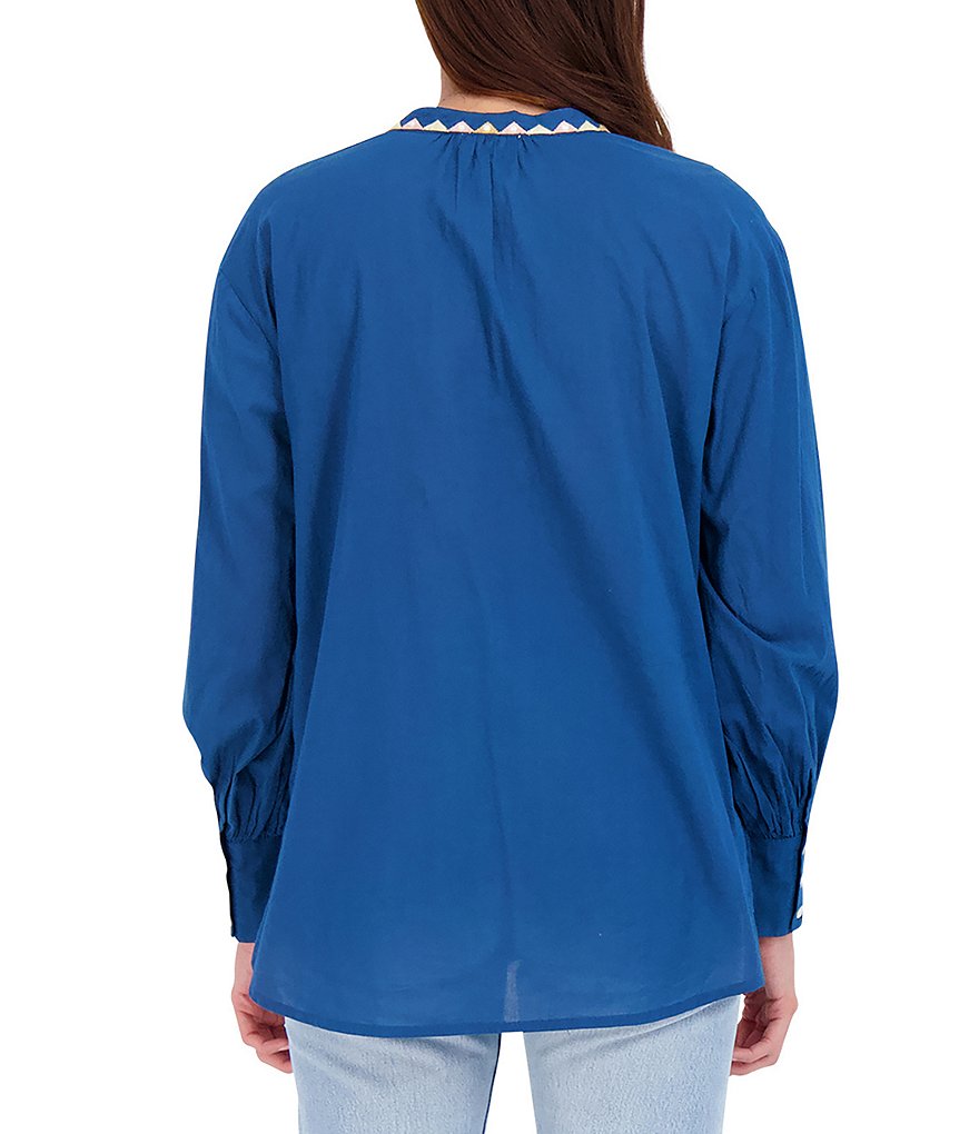 Roller Rabbit Tallulah Long Sleeve Split V-Neck Geo Embroidered Blouse