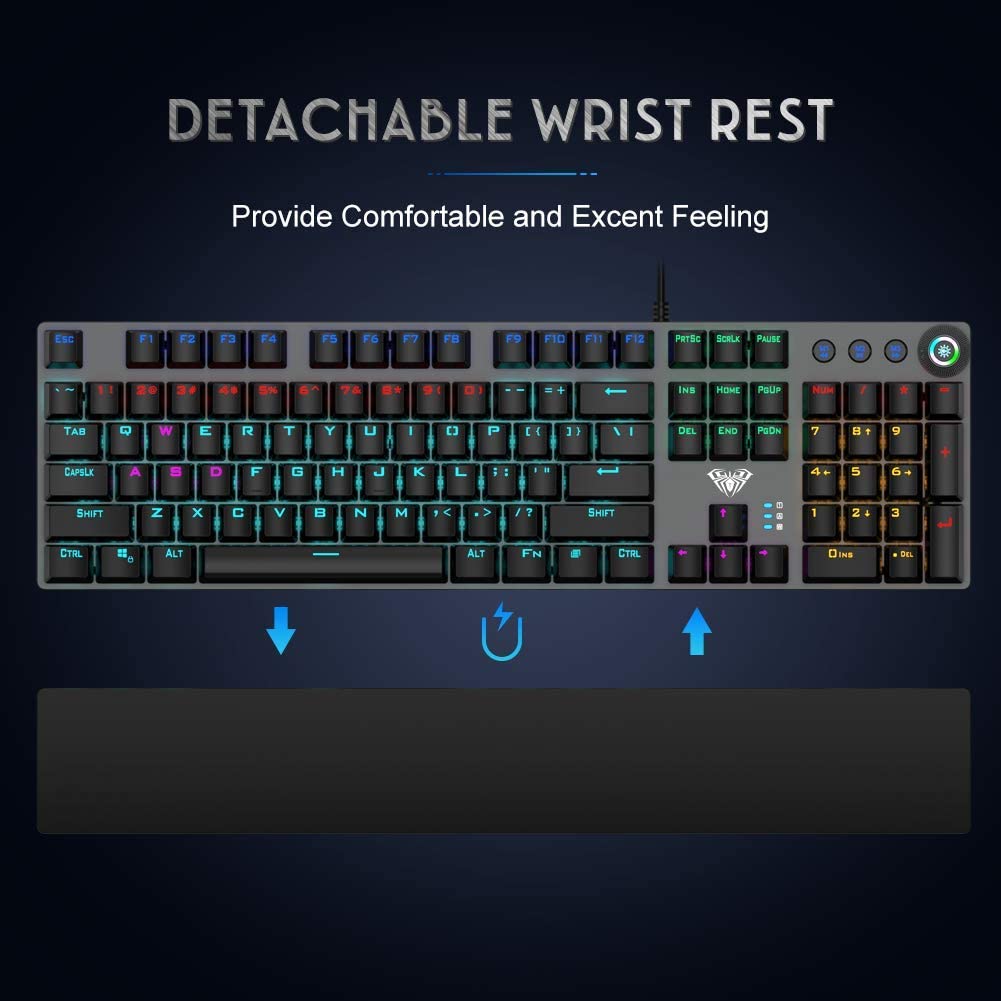 AULA F2088 RGB Mechanical Gaming Keyboard, with Media Keys, Detachable Wrist Rest, Rainbow Backlight, Durable Metal Panel, 104 Keys Anti-ghosting Ergonomic USB Wired PC Gaming Keyboards (Blue Switch)