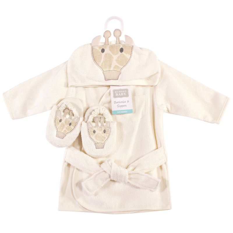 Hudson Baby Infant Cotton Animal Face Bathrobe and Slippers 2pc, Modern Giraffe, 0-9 Months