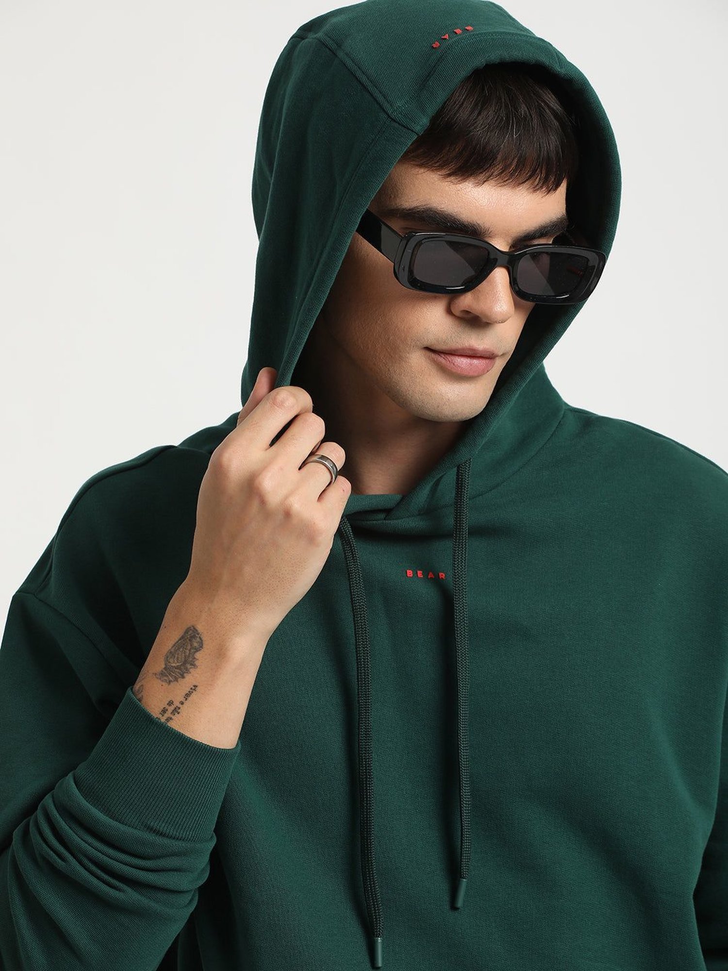 The Bear House Green Cotton Regular Fit Hooded Sweatshirt