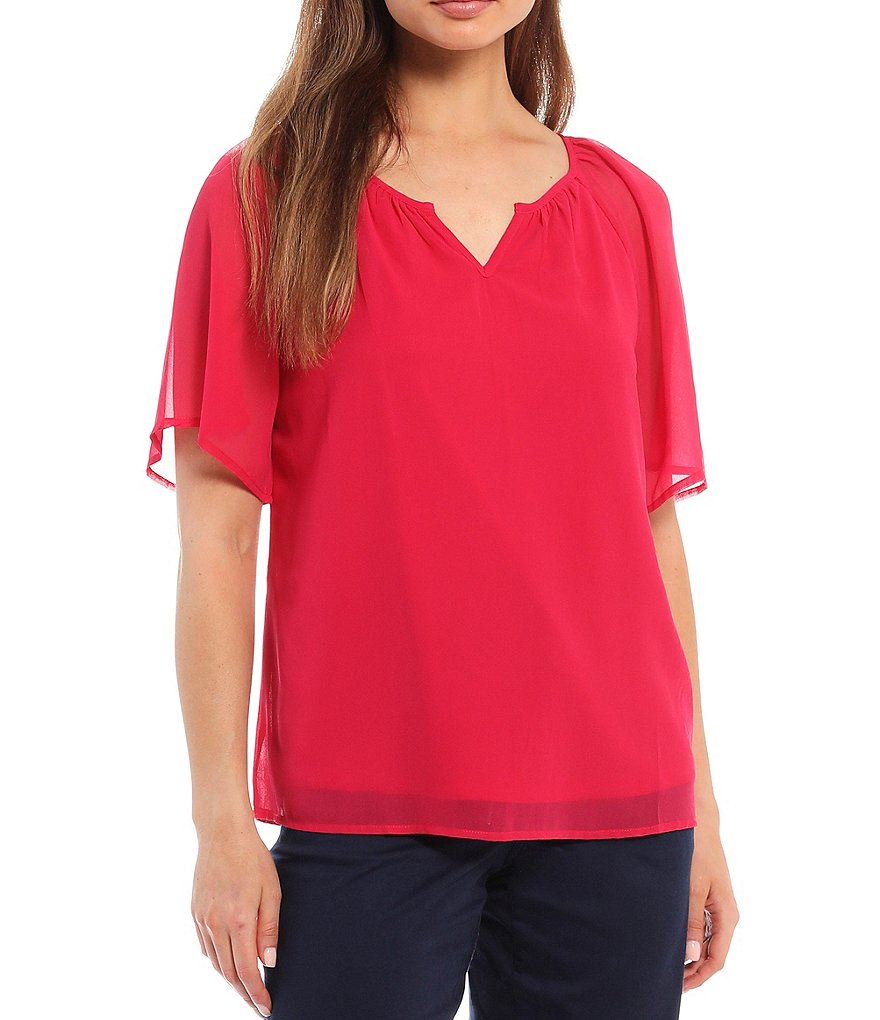 Intro Solid Georgette Notch V-Neck Raglan Sleeve Lace Trim Top